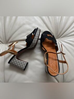 Chie Mihara Black & Gold Patterned Block Heel Sandals
